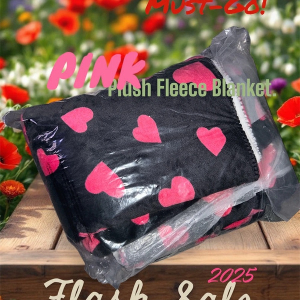 Victoria's Secret PINK Black Plush Fleece Blanket with Hearts
